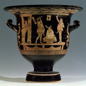 红色铃铛krater装饰着戏剧中的场景，Apulian（陶瓷）（详见85028） 作者 第戎画家